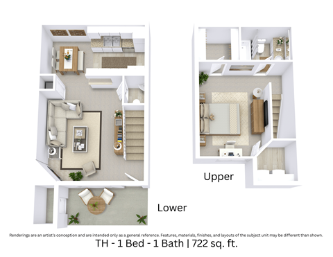 Floor plan for 1 bed, 1.5 baths, 722 sqft